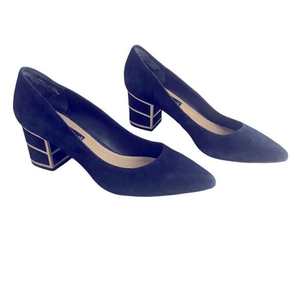 Gorgeous Blue Suede Shoes with Block Heel Caged in Gold from Steven Size by 8M - Picture 7 of 10